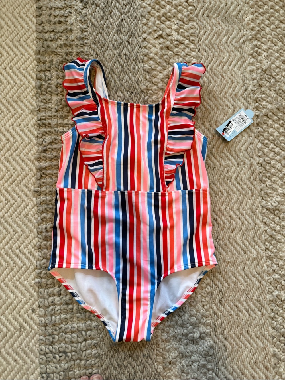 Cat & Jack Pink and Blue Multi-Stripe Ruffle 1pc Swimsuit large 10/12 plus  nwt